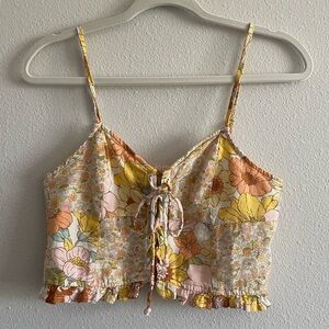 American Eagle Crop Top Ruffle Floral Print Tie-Front Tank Women’s Small Yellow